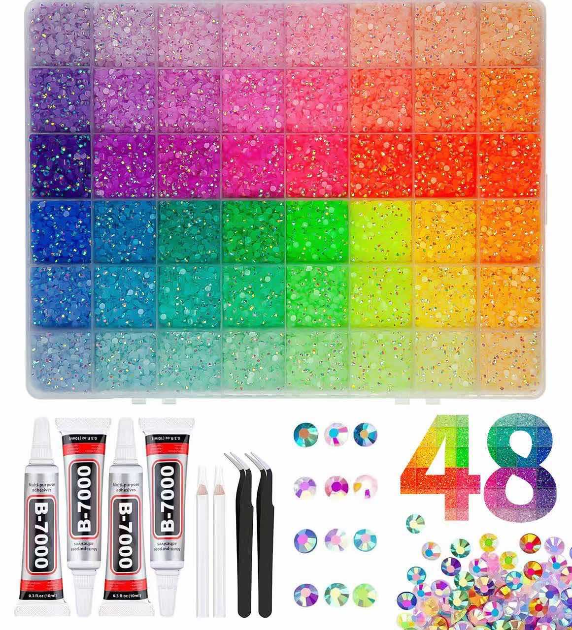 48 grid nail art rhinestones set with glue - أحجار الراين للأظافر 48 خانة وفصوص كريستالية