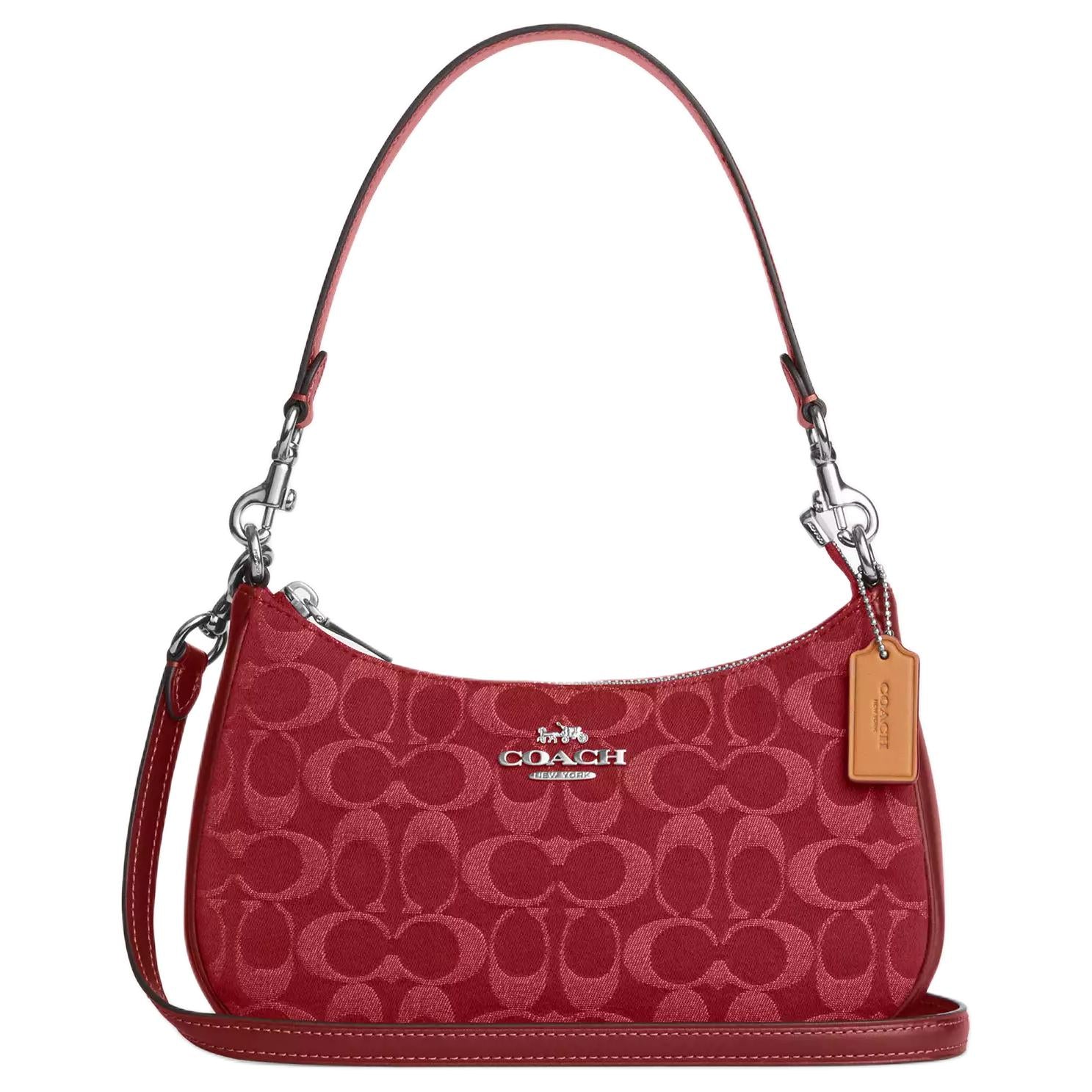 COACH Teri 24 Zipper Closure Denim Single Shoulder Bag Medium Size Women's Red