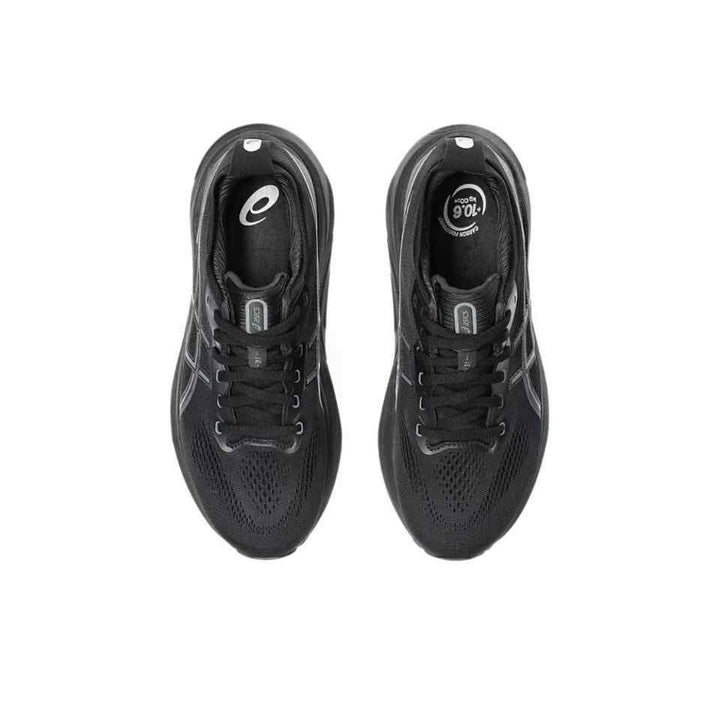 Top view of GEL-KAYANO 31 shoes in black with adaptive stability features.