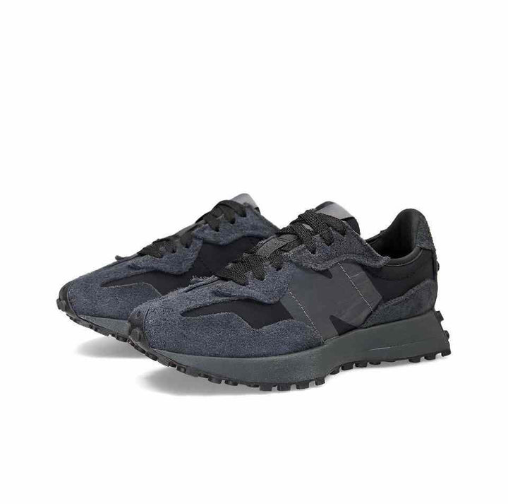 New Balance 327 sneakers in black fabric and suede with bold 'N' logo, rubber sole.