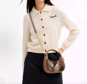 COACH Carmen 20 Patchwork Design, Silver Logo, Leather Handbag, Small Size, Women's, Mushroom Brown. Global Shopping