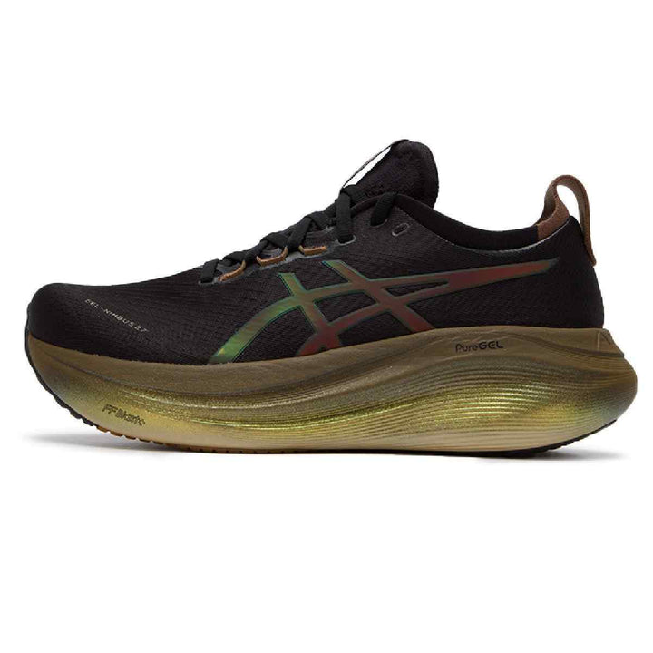 ASICS Gel-Nimbus 27 running shoe in black with bronze accents, featuring PureGEL for cushioning and FF Blast+ for lightweight support.