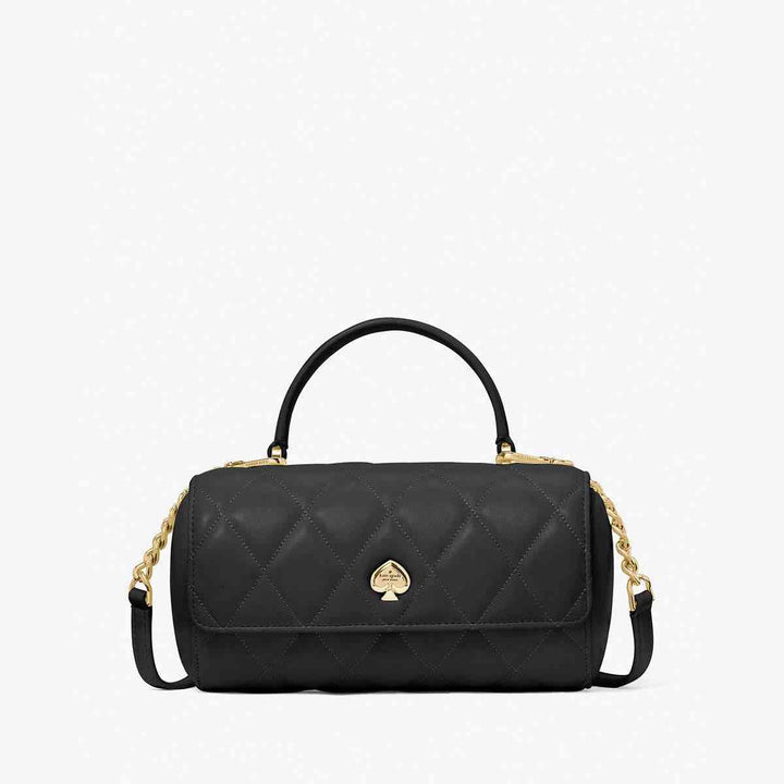 Kate Spade black quilted handbag with gold accents and chain strap.