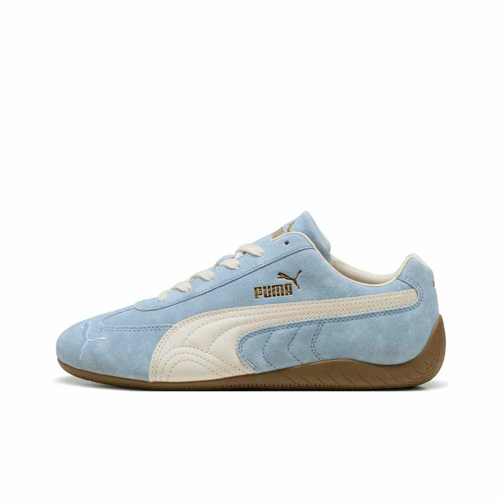 PUMA Palermo OG vintage sneaker in blue skies suede with whisper white classic stripes and brown rubber sole