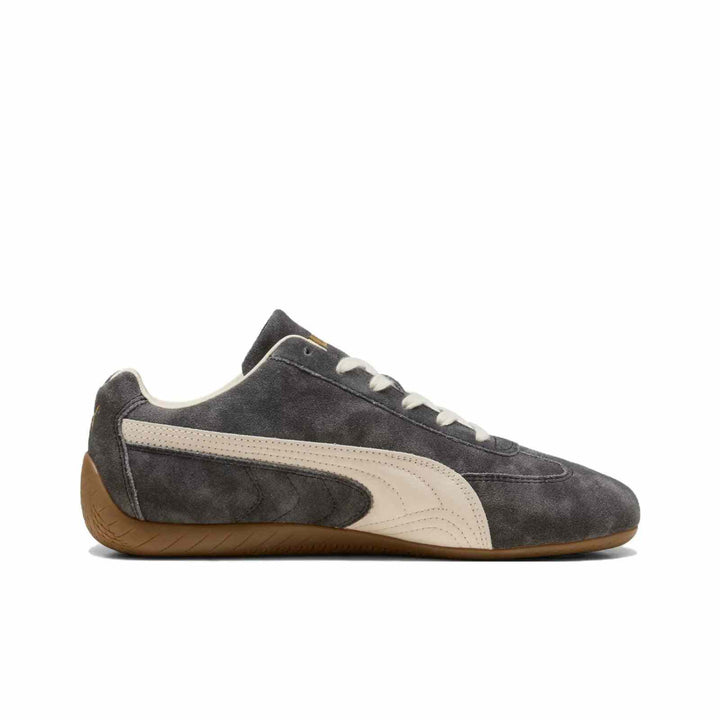 PUMA Palermo OG Vintage gray suede sneaker with ivory side stripes and honey rubber sole