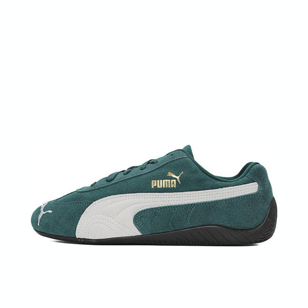 Puma Speedcat OG sneakers in green suede with white Formstrip and gold logo, featuring a lightweight layered design and black rubber sole.
