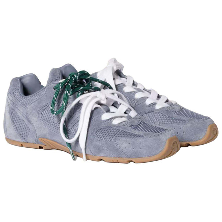 حذاء New Balance x MIU MIU NB 530 SL جلد غزال رمادي أزرق مريح بأربطة بيضاء وخضراء ونعل مطاطي غامق