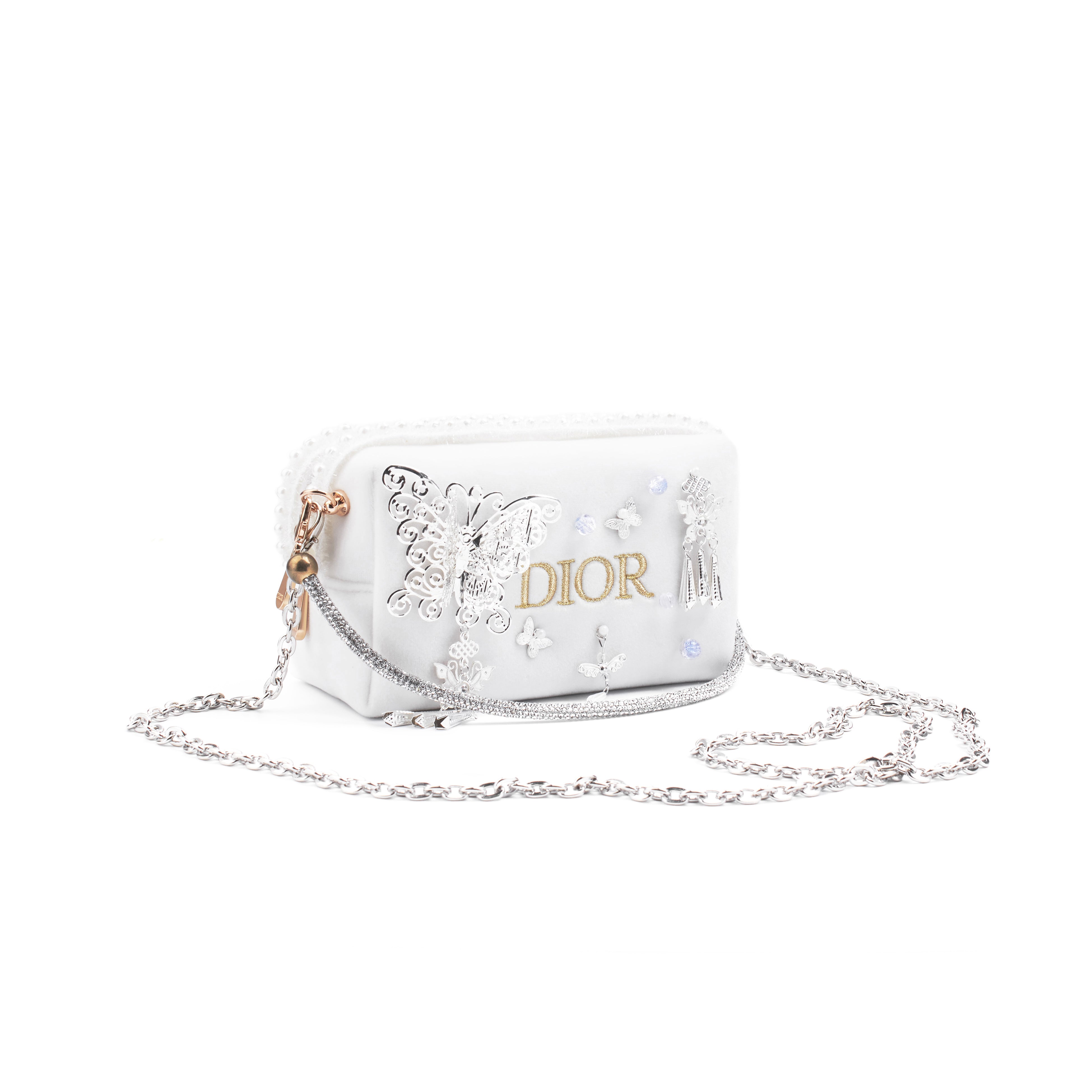 DIOR [Custom Makeup Bag] Little Flower Moonlight Butterfly Shadow Beautiful Romantic Elegant Butterfly Pearl Japanese Sweet Regular Velvet Makeup Bag