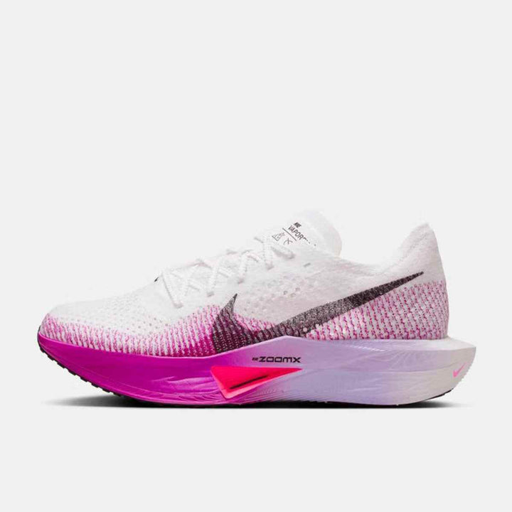 Lightweight Nike Vaporfly running shoe in white and pink with Flyknit material and ZoomX cushioning.