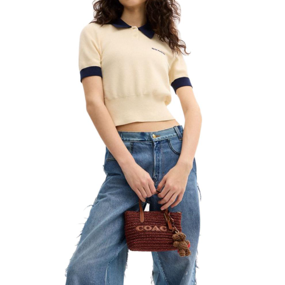 COACH City 15 Brand Logo Detachable Shoulder Strap Straw Textured Calfskin Tote Tote Mini Women's Straw Color Combination Reddish