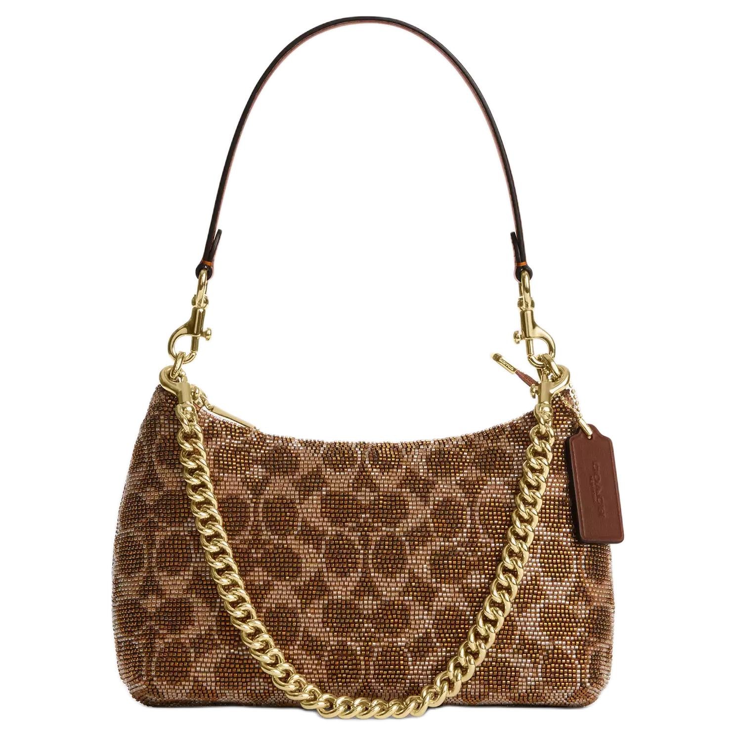 COACH Teri 25 Zipper Closure Beaded Satin Leather Single Shoulder Bag Medium Size Women's Brown