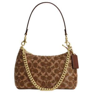 COACH Teri 25 Zipper Closure Beaded Satin Leather Single Shoulder Bag Medium Size Women's Brown