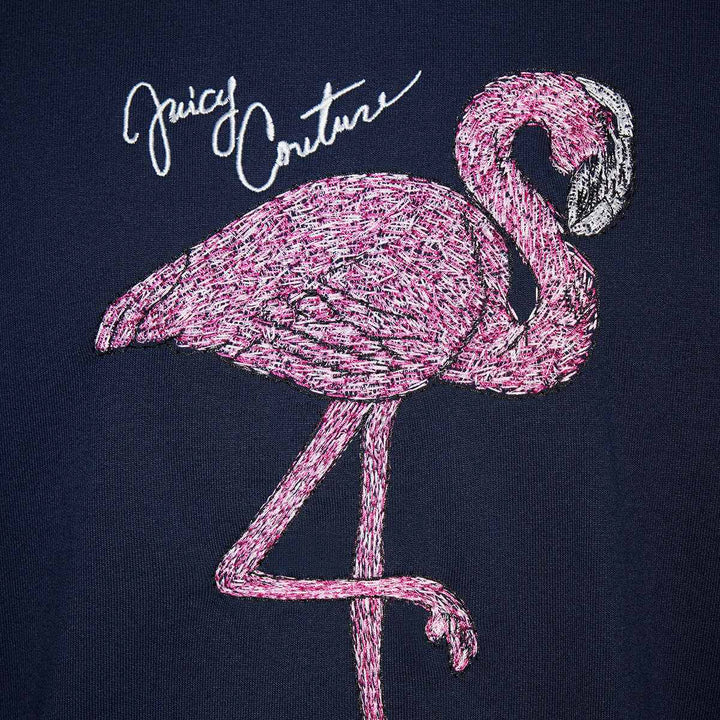 Juicy Couture navy sweatshirt with pink flamingo embroidery, casual chic style.