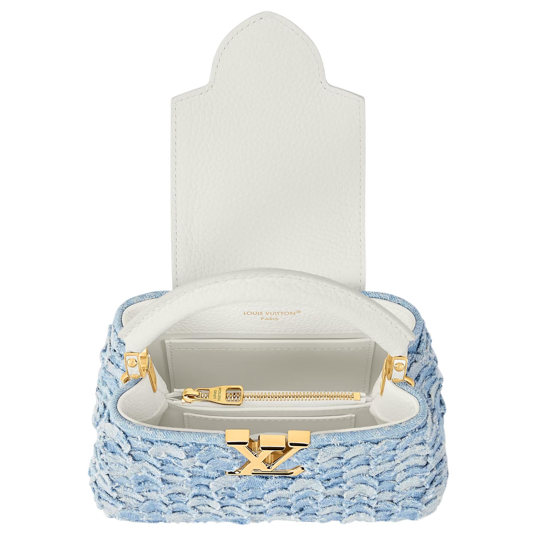LOUIS VUITTON Capucines Denim gold floral pattern charm two-tone chain design, denim with Taurillon leather trim, single shoulder crossbody handbag, mini, women's, blue