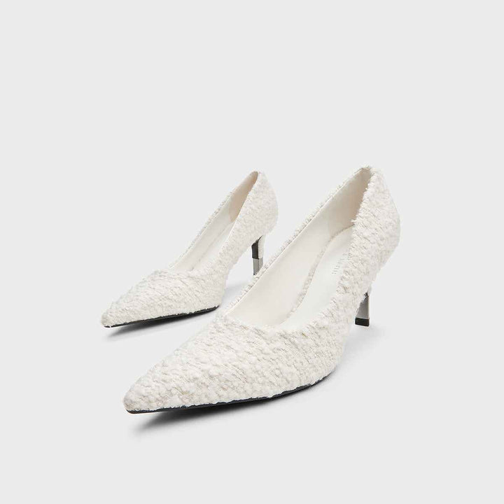 CHARLES&KEITH tweed white mid-heel shoes with classic pointed design.