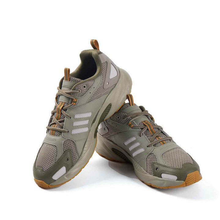 adidas JZ Runner shoes in olive and gray with orange accents, designed for outdoor adventures and comfort, featuring durable mesh and leather materials.