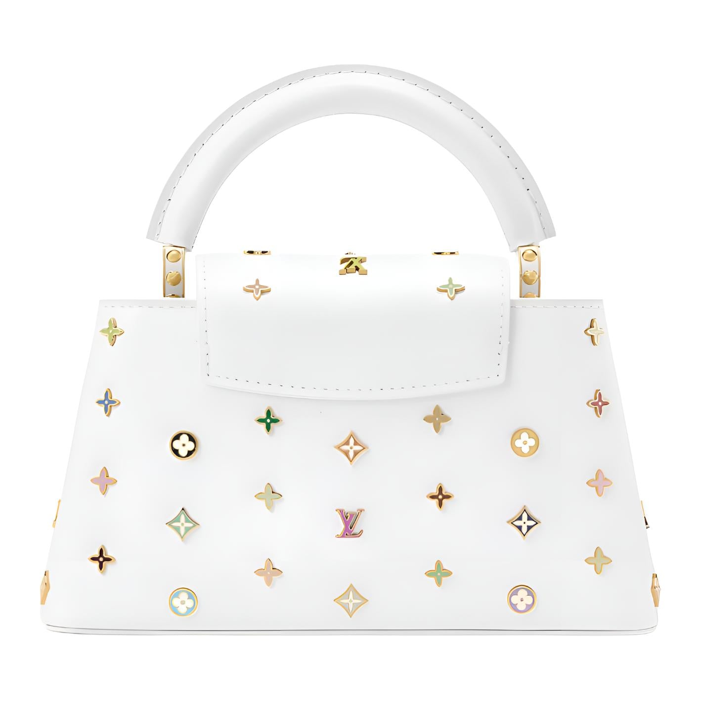 LOUIS VUITTON x Takashi Murakami Takashi Murakami Collaboration Capucines EW White Sancai Multicolor Monogram Full Metal Initials Logo Cowhide Single Shoulder Crossbody Handbag Mini Women's White