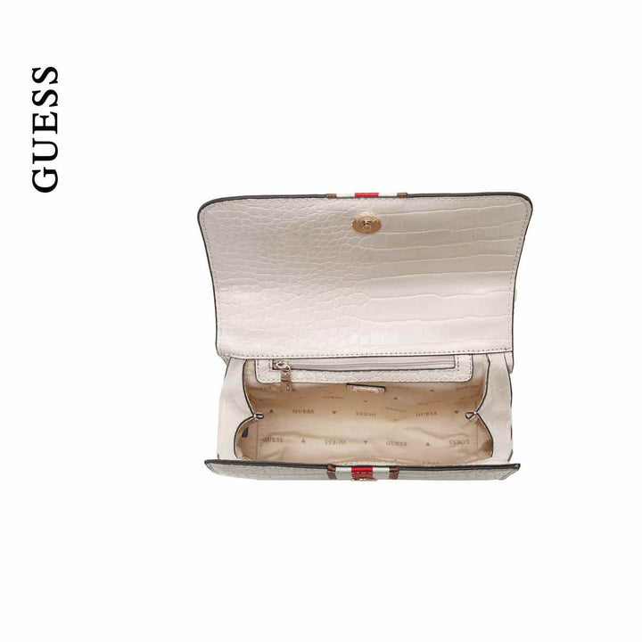 GUESS Nelka Crossbody Flap Stone bag with open flap showing interior compartments.