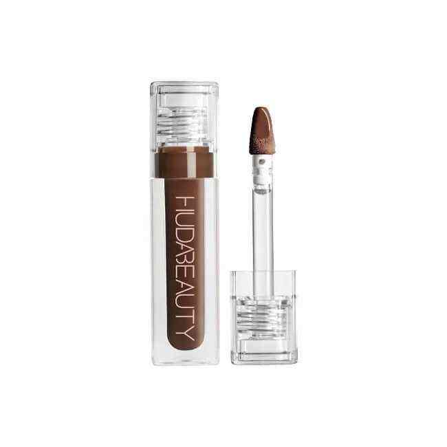 Huda Beauty Lip Gloss Collection brown shade with clear cap and applicator wand showing creamy texture