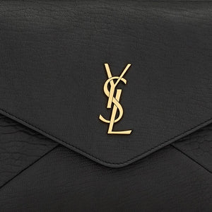 SINS LAURENT YSL LE CASSANDRE metal letter logo magnetic snap-close sheepskin envelope clutch large size women's black style