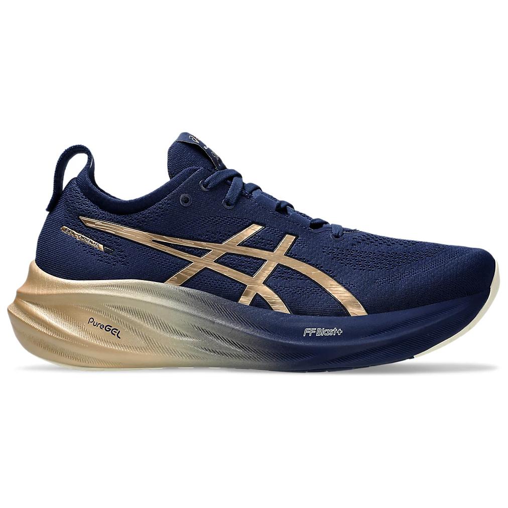 حذاء رياضي ASICS GEL-Nimbus 26 بتقنية FF Blast+ لون أزرق وذهبي