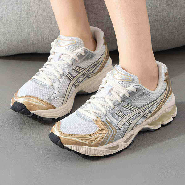 asics-gel-kayano-14، أسكس، ذهبي، أبيض لامع، سنيكرز رجالي/نسائي، تصميم فاخر، رياضي عصري - رفعة