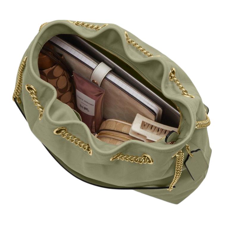 COACH EVELYN 34 quilted detail gold hardware cowhide leather handbag shoulder bag large size women's gray-green