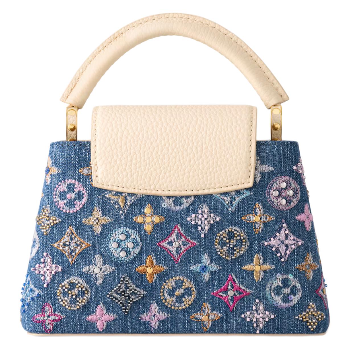 LOUIS VUITTON Capucines Denim Enamel Logo Chain Strap Monogram Denim One-Shoulder Crossbody Tote Women's Blue