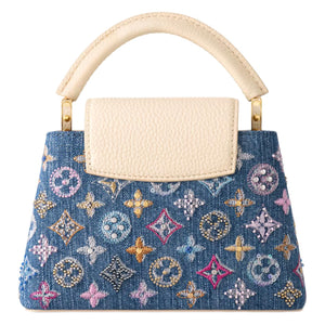 LOUIS VUITTON Capucines Denim Enamel Logo Chain Strap Monogram Denim One-Shoulder Crossbody Tote Women's Blue