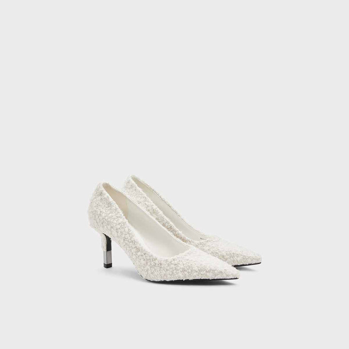 CHARLES&KEITH white tweed mid heel shoes with classic pointed toe design.