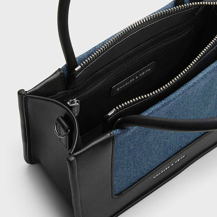 CHARLES&KEITH أنيقة سوداء جلد ودينم حقيبة يد بمقبض علوي وحزام قابل للإزالة.
