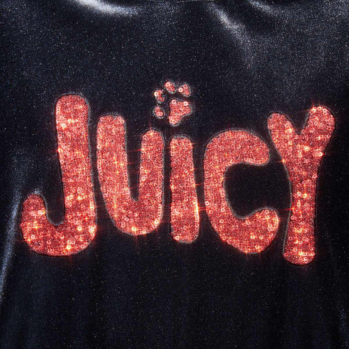 Black velvet hoodie with red sequin "Juicy" graphic, luxury casual design by Juicy Couture.