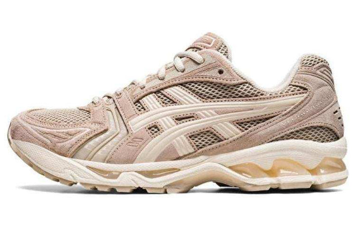 حذاء Asics Gel-Kayano 14 بشبكة تهوية وتصميم مرن باللون النود كريمي للركض اليومي والمشي الطويل