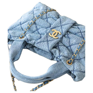 CHANEL Double C Logo Quilted Leather Chain Denim Single Shoulder Handbag Small Women's Blue