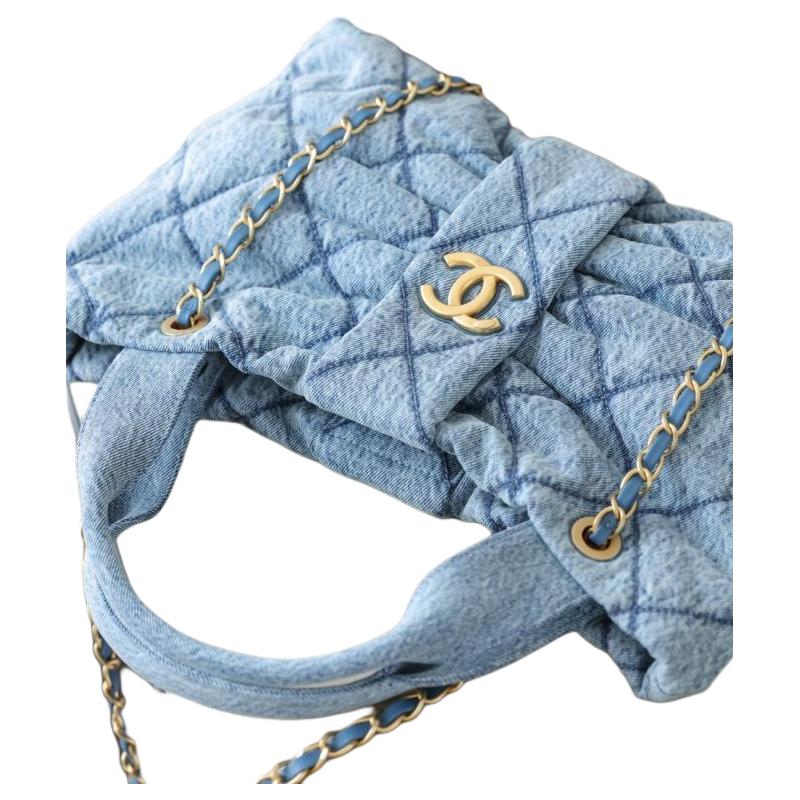 CHANEL Double C Logo Quilted Leather Chain Denim Single Shoulder Handbag Small Women's Blue
