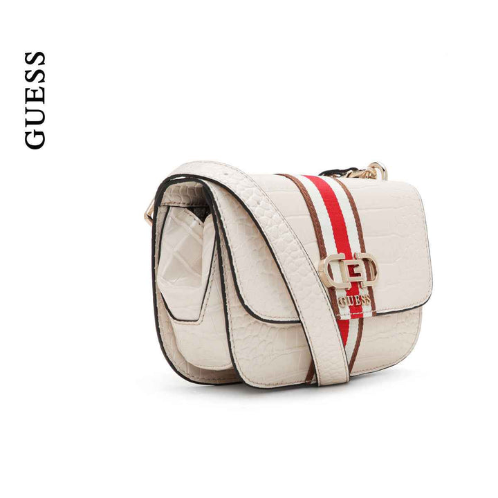 GUESS Nelka Crossbody Flap Stone Bag, cream and red, adjustable strap, magnetic closure.