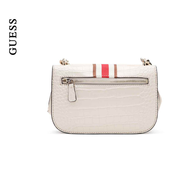 GUESS Nelka Crossbody Flap Stone shoulder bag in cream, brown, red with adjustable strap and magnetic closure.