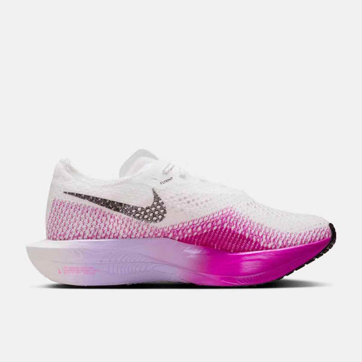 Nike Vaporfly shoes in white and pink with lightweight Flyknit design and ZoomX cushioning.