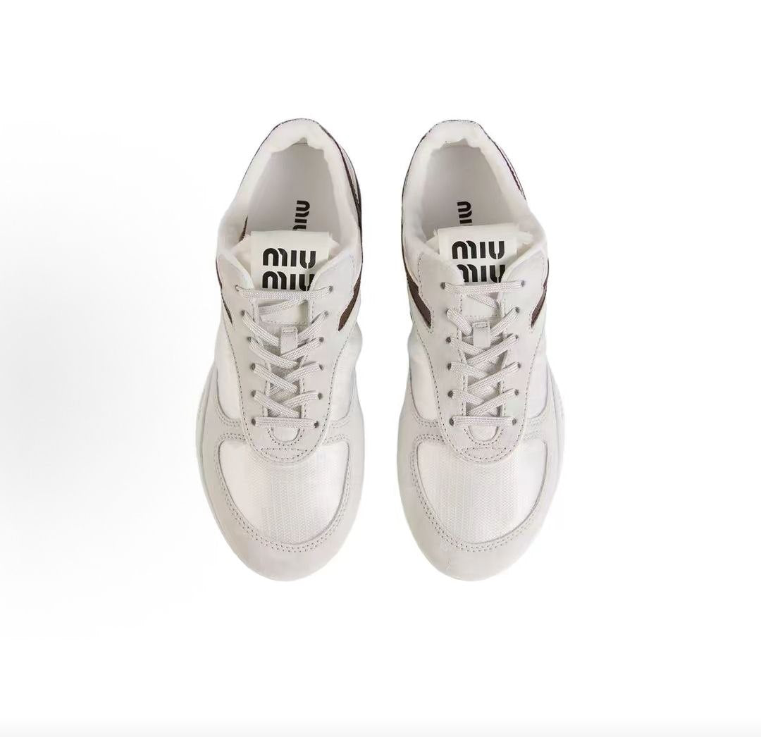 MIU MIU Gymnasium technical fabric logo embossed round toe lace-up low-top casual shoes, 2cm, women's white