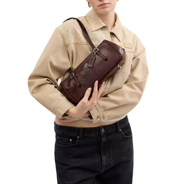 COACH Asher 34 Signature Print Silver Accessories Leather Underarm Shoulder Bag Large Women's Maple