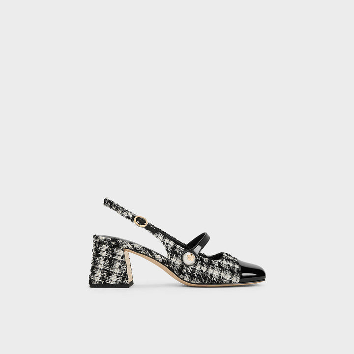 Tweed Mary Jane shoes with wide heel and gold pearl buckle from CHARLES&KEITH.