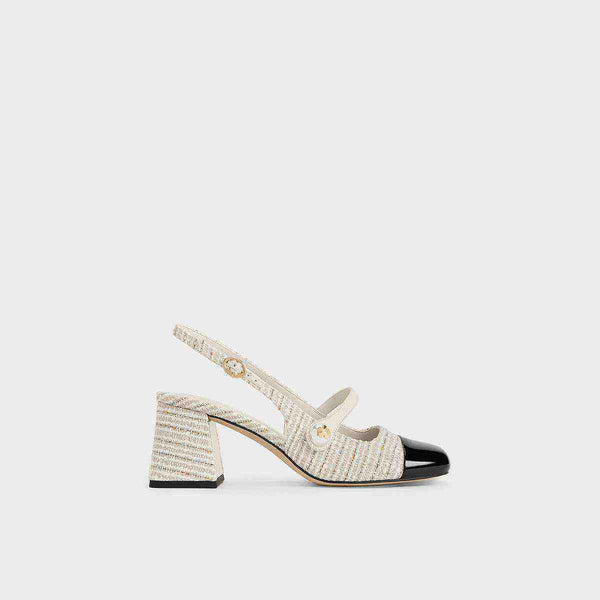 CHARLES&KEITH tweed Mary Jane shoe with block heel and pearl-embellished buckle, elegant square black toe design