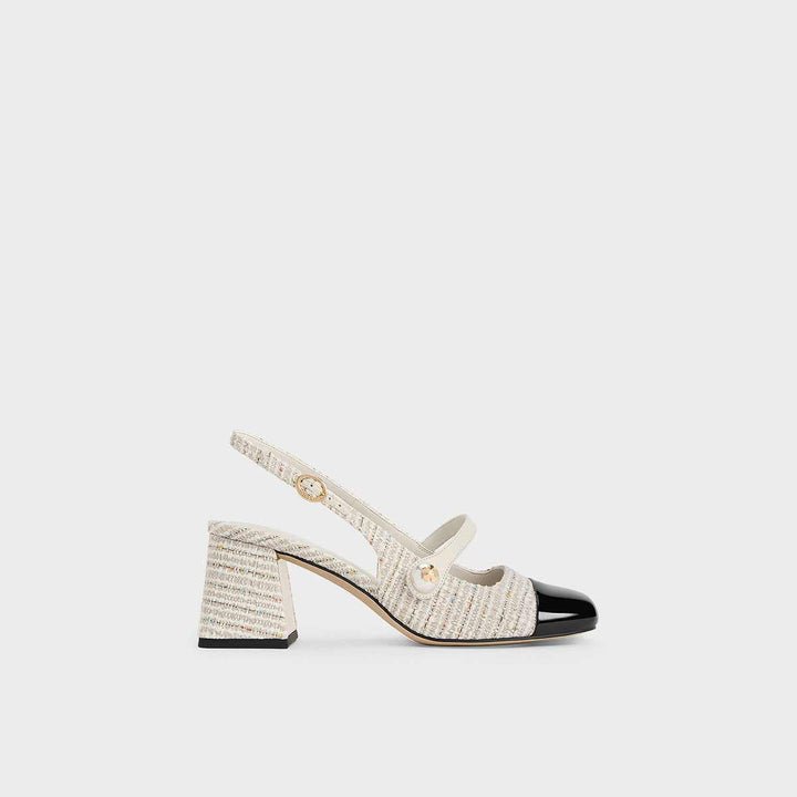 CHARLES&KEITH tweed Mary Jane shoes with chunky heel, square toe, and pearl-accented buckle.