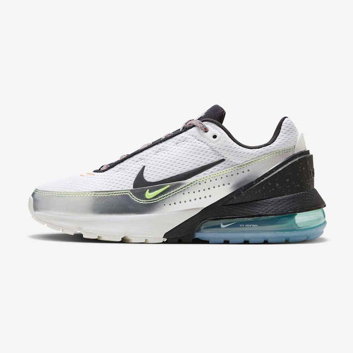 Nike Air Max 270 with a futuristic design, featuring a large air cushion, high-quality breathable mesh, durable sole, and bold color accents in white, black, and light blue for exceptional comfort and style.