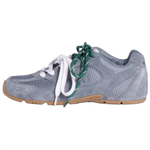 حذاء نيو بالانس x ميوميو رمادي أزرق بتصميم فاخر ونعل مطاطي متين وأربطة بيضاء وخضراء