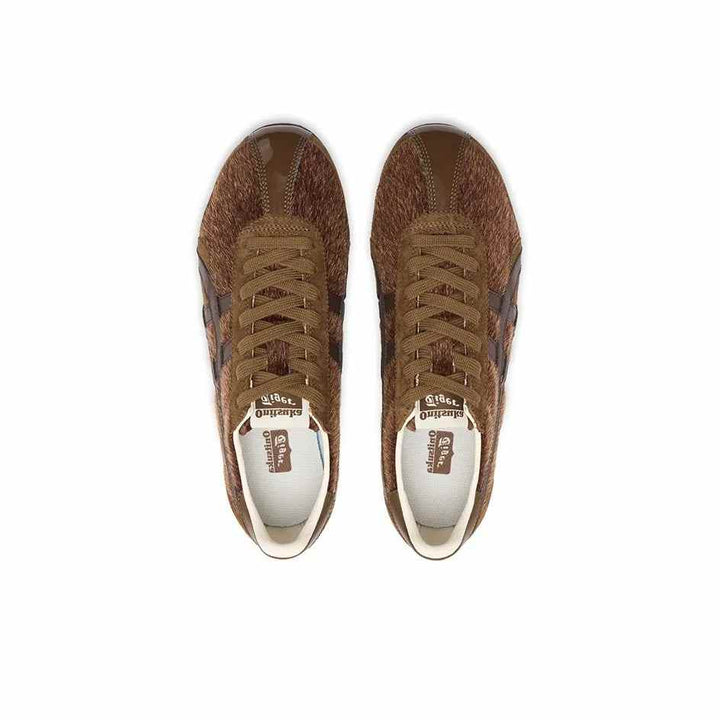 Top view of luxury brown Asics Onitsuka Tiger Mexico 66 sneakers with iconic side stripes and lace-up design