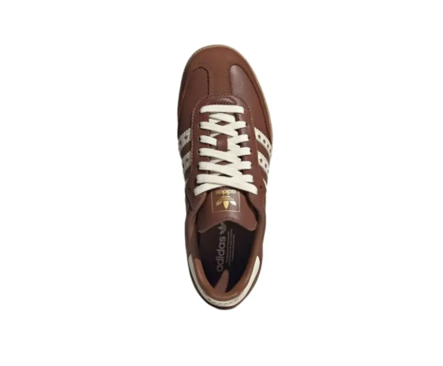 Adidas Samba brown and white leather sneaker for men and women with caramel rubber sole and white laces