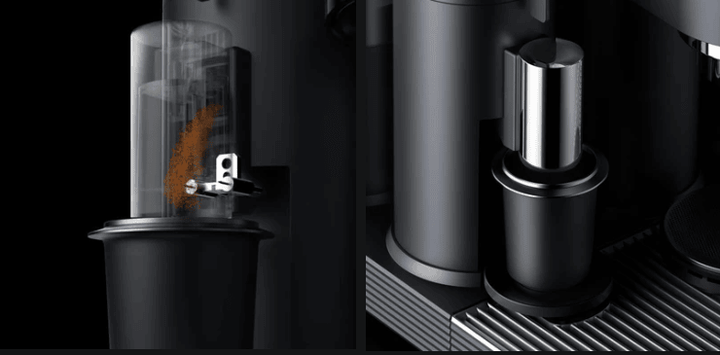 Espresso machine with dual boiler system and integrated grinder.