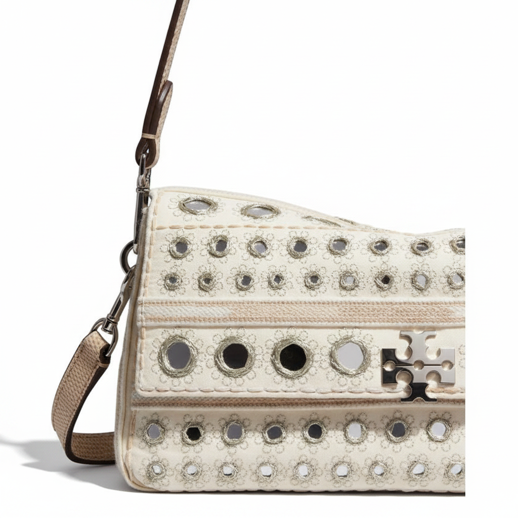 TORY BURCH Charlie brand logo, hand-embroidered craftsmanship, cotton shoulder bag, small size, women's, ivory white