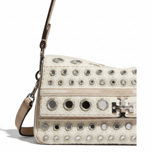 TORY BURCH Charlie brand logo, hand-embroidered craftsmanship, cotton shoulder bag, small size, women's, ivory white
